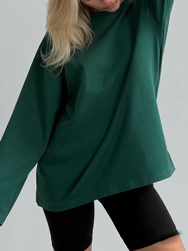Long Sleeves Loose Solid Color Round-Neck T-Shirts Tops - Image 11