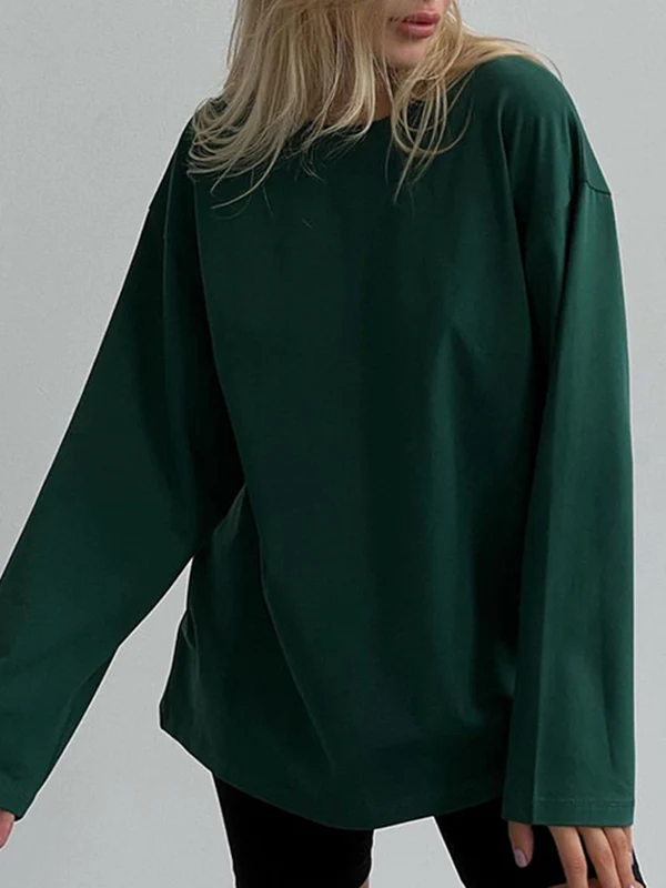 Long Sleeves Loose Solid Color Round-Neck T-Shirts Tops - Image 12