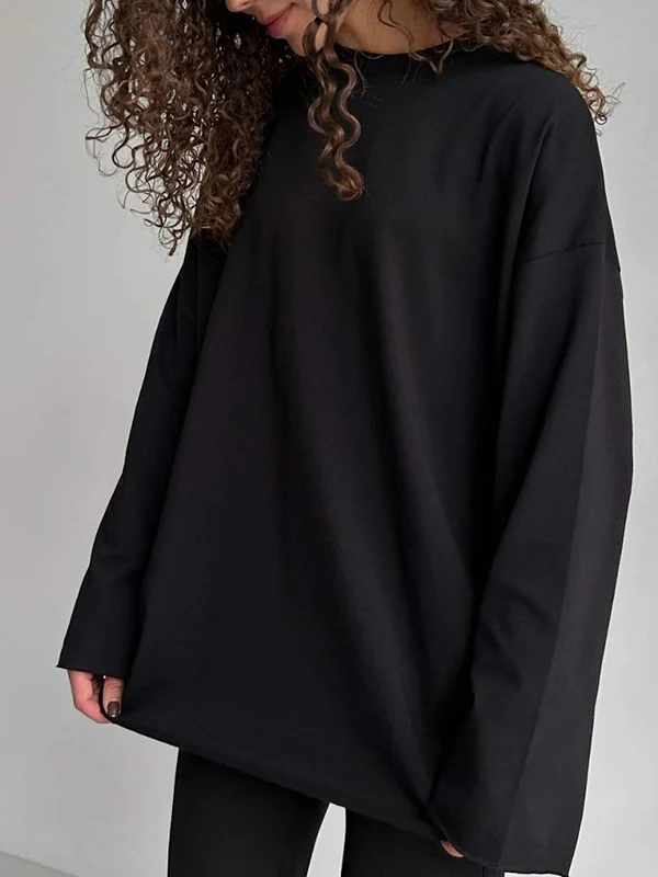 Long Sleeves Loose Solid Color Round-Neck T-Shirts Tops - Image 13