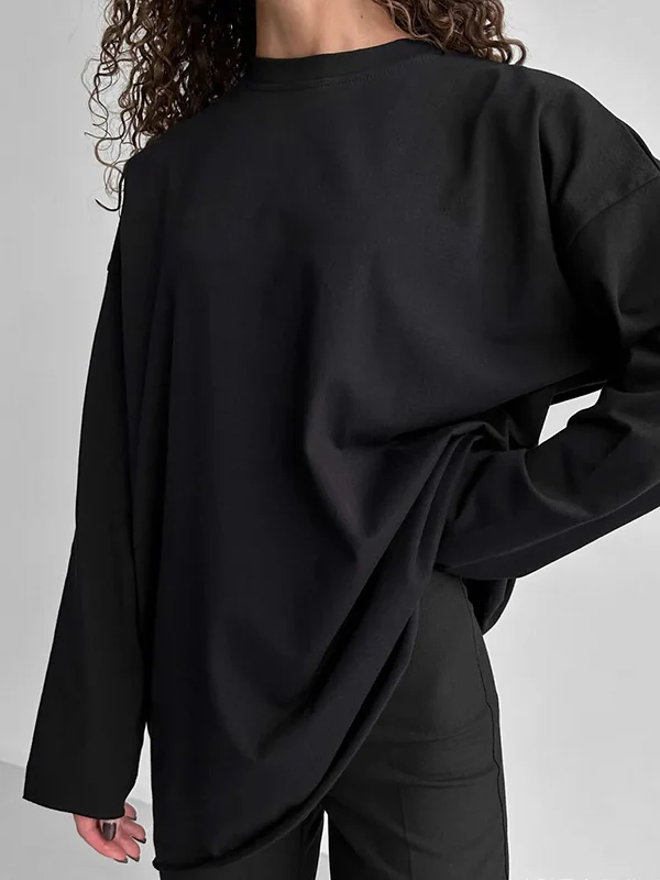 Long Sleeves Loose Solid Color Round-Neck T-Shirts Tops - Image 14