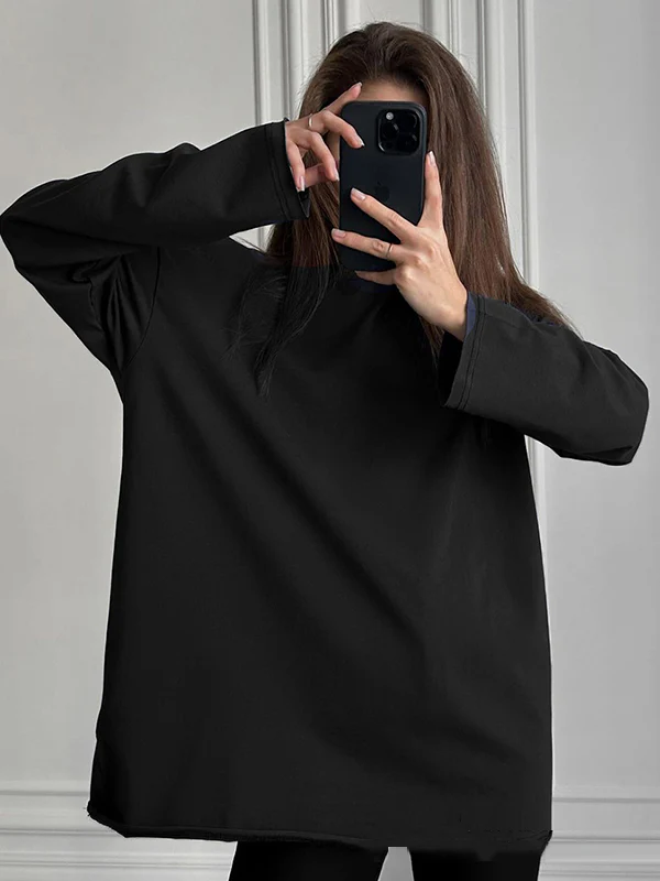 Long Sleeves Loose Solid Color Round-Neck T-Shirts Tops - Image 17