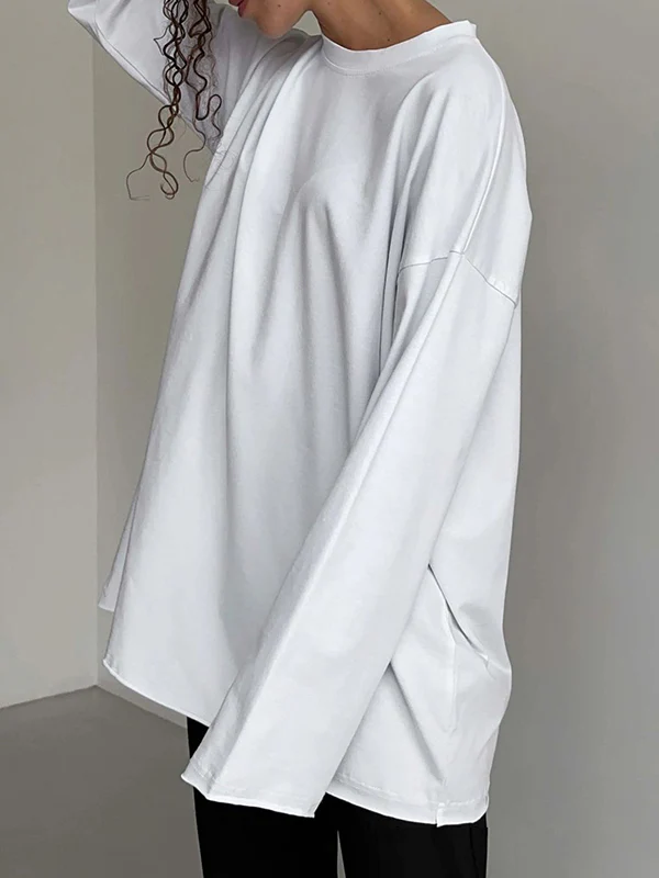 Long Sleeves Loose Solid Color Round-Neck T-Shirts Tops - Image 18