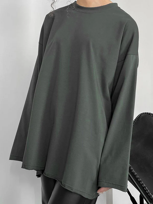 Long Sleeves Loose Solid Color Round-Neck T-Shirts Tops - Image 19