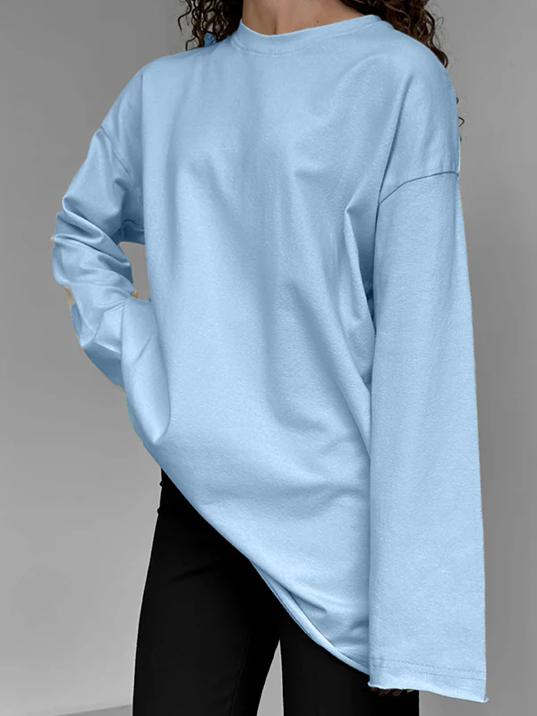 Long Sleeves Loose Solid Color Round-Neck T-Shirts Tops - Image 2