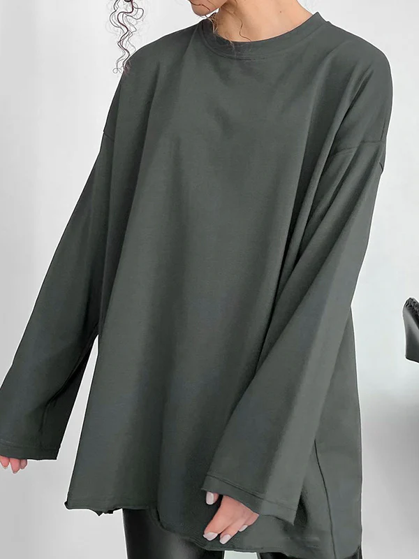 Long Sleeves Loose Solid Color Round-Neck T-Shirts Tops - Image 20