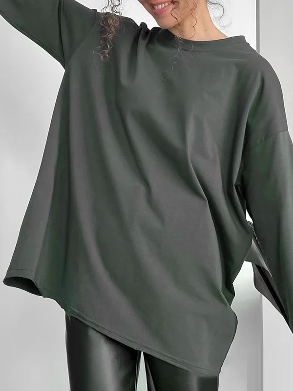 Long Sleeves Loose Solid Color Round-Neck T-Shirts Tops - Image 21