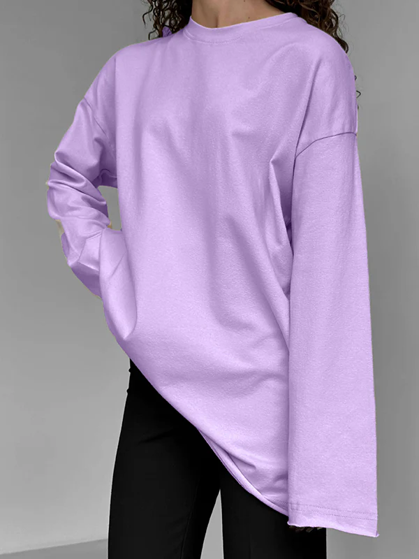 Long Sleeves Loose Solid Color Round-Neck T-Shirts Tops - Image 3