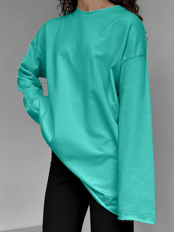 Long Sleeves Loose Solid Color Round-Neck T-Shirts Tops - Image 4