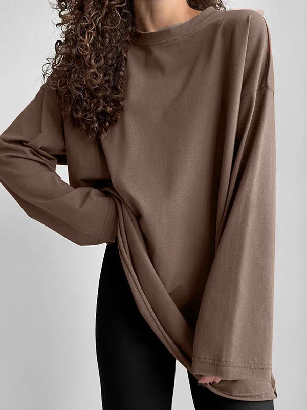 Long Sleeves Loose Solid Color Round-Neck T-Shirts Tops - Image 5