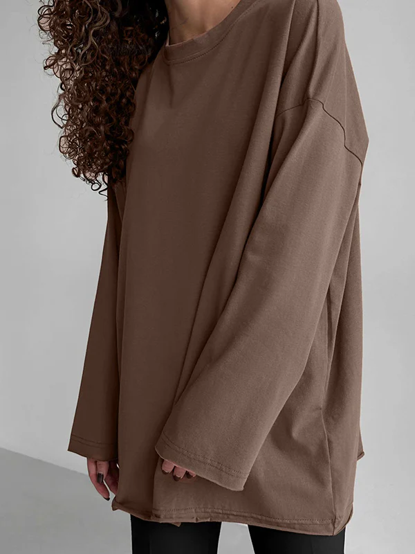 Long Sleeves Loose Solid Color Round-Neck T-Shirts Tops - Image 6