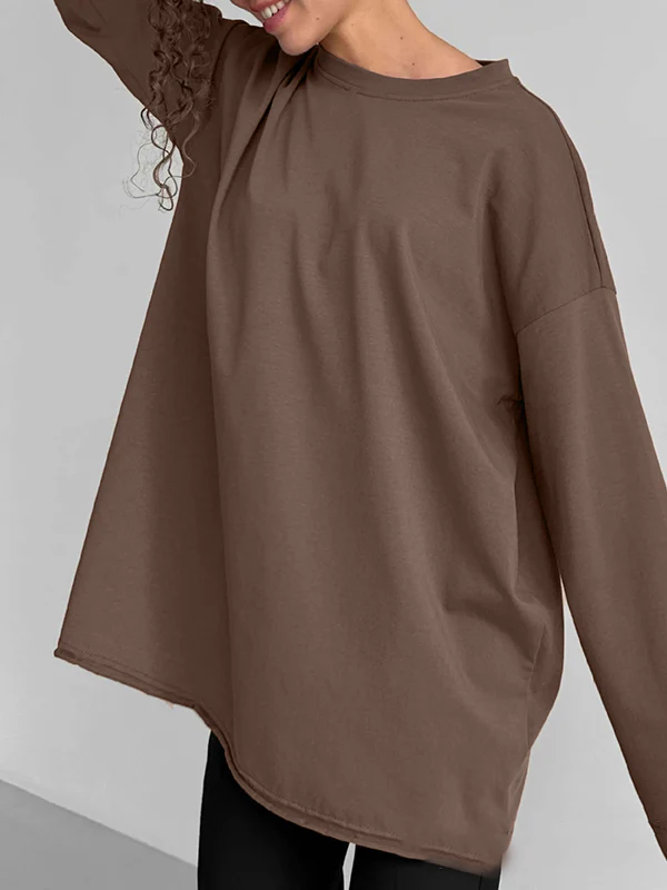 Long Sleeves Loose Solid Color Round-Neck T-Shirts Tops - Image 7