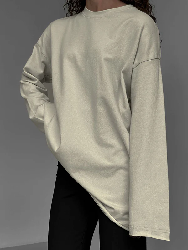 Long Sleeves Loose Solid Color Round-Neck T-Shirts Tops - Image 9