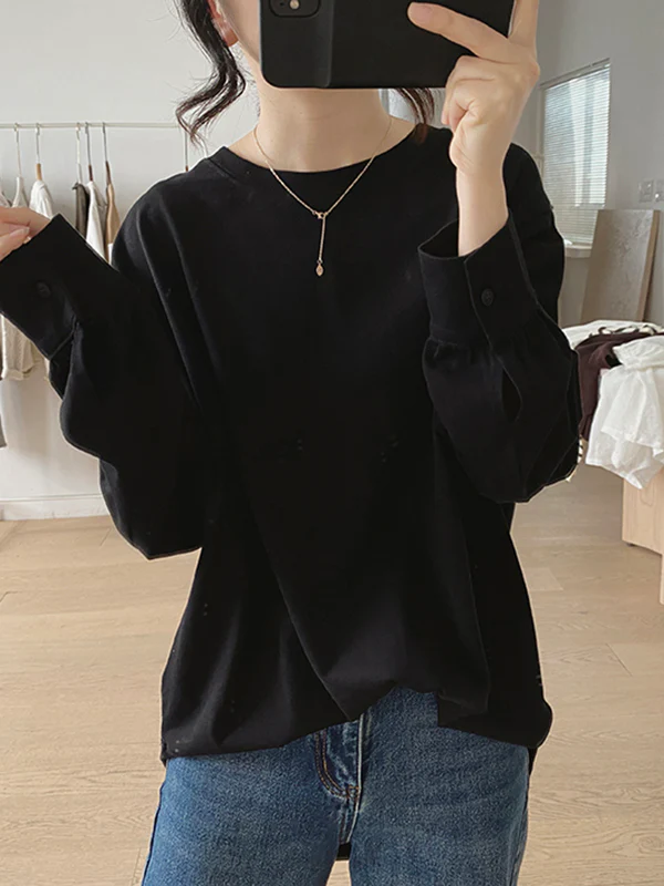 Long Sleeves Loose Solid Color Round-Neck T-Shirts Tops - Image 3