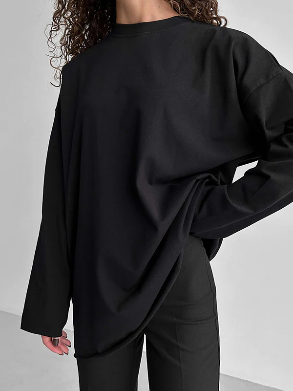 Long Sleeves Loose Solid Color Round-Neck T-Shirts Tops - Image 10