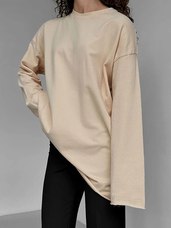 Long Sleeves Loose Solid Color Round-Neck T-Shirts Tops - Image 11