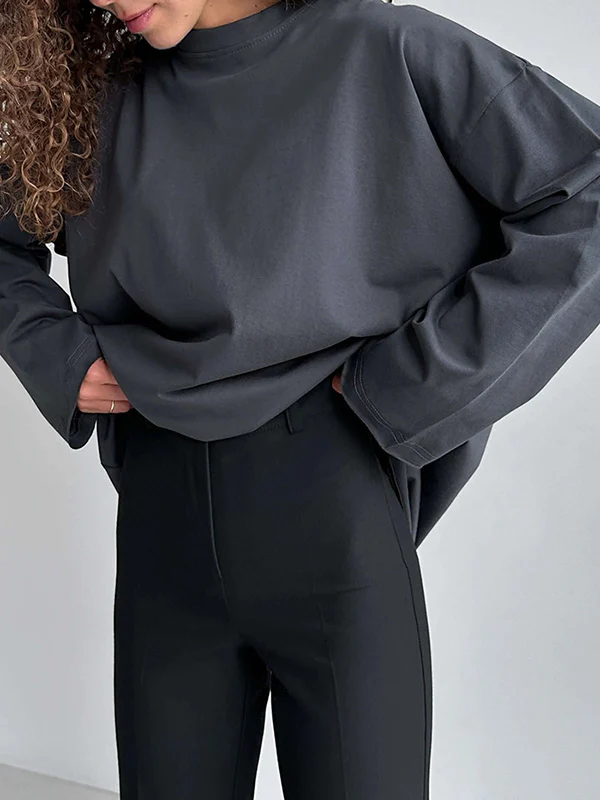 Long Sleeves Loose Solid Color Round-Neck T-Shirts Tops - Image 12