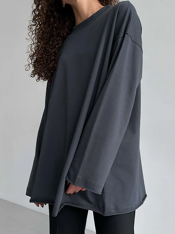 Long Sleeves Loose Solid Color Round-Neck T-Shirts Tops - Image 13