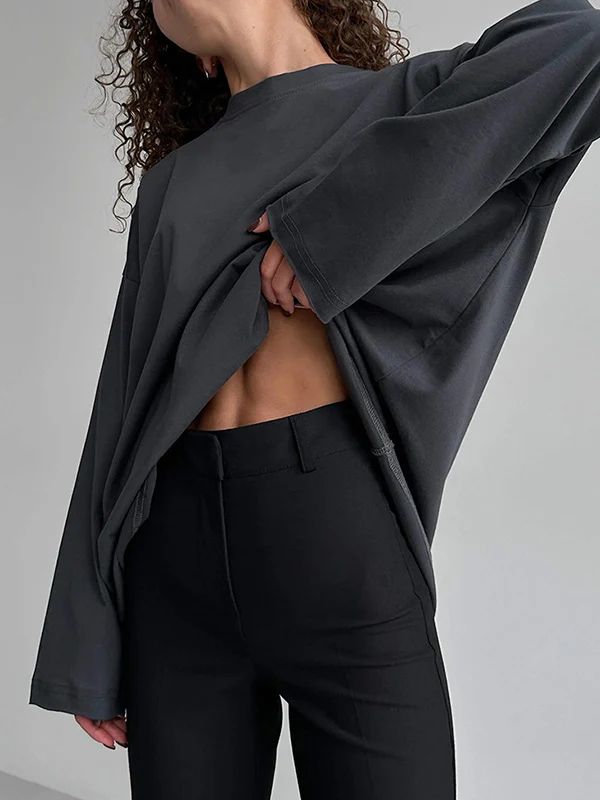 Long Sleeves Loose Solid Color Round-Neck T-Shirts Tops - Image 14