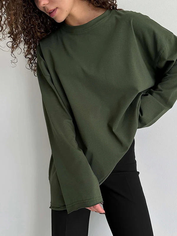 Long Sleeves Loose Solid Color Round-Neck T-Shirts Tops - Image 15