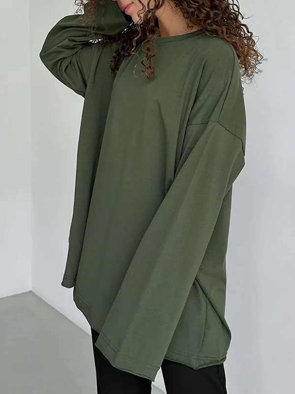 Long Sleeves Loose Solid Color Round-Neck T-Shirts Tops - Image 16