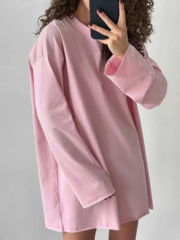 Long Sleeves Loose Solid Color Round-Neck T-Shirts Tops - Image 17