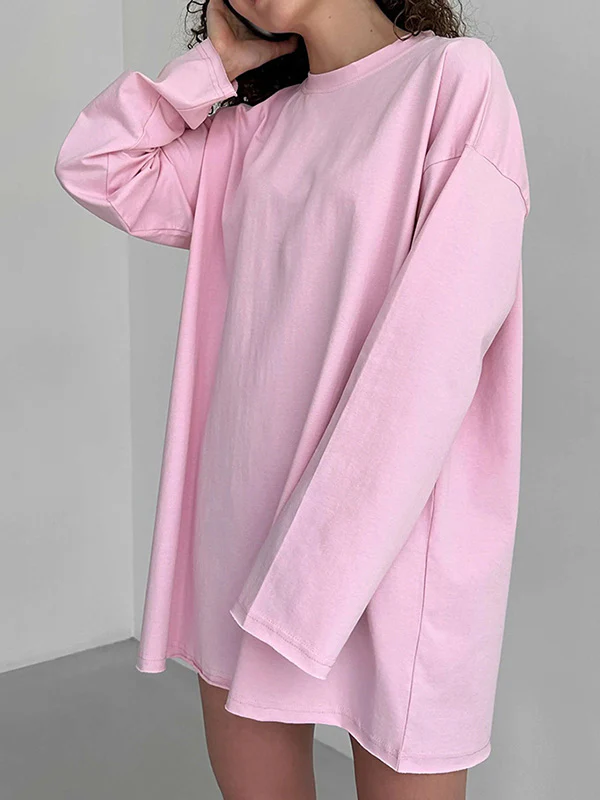 Long Sleeves Loose Solid Color Round-Neck T-Shirts Tops - Image 18