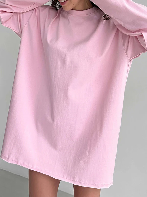 Long Sleeves Loose Solid Color Round-Neck T-Shirts Tops - Image 19