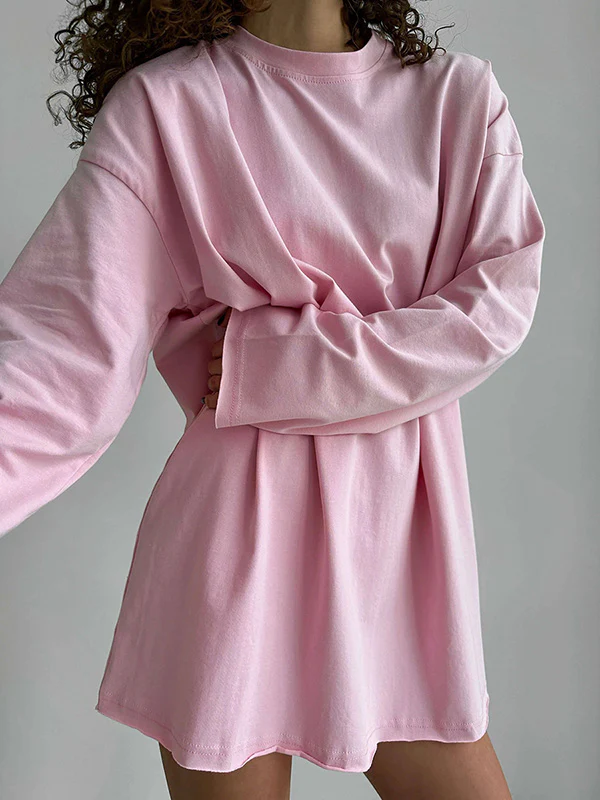 Long Sleeves Loose Solid Color Round-Neck T-Shirts Tops - Image 2