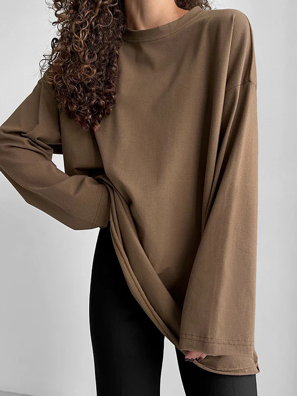 Long Sleeves Loose Solid Color Round-Neck T-Shirts Tops - Image 20