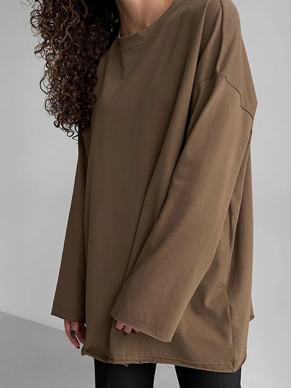 Long Sleeves Loose Solid Color Round-Neck T-Shirts Tops - Image 21