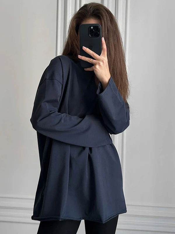 Long Sleeves Loose Solid Color Round-Neck T-Shirts Tops - Image 24