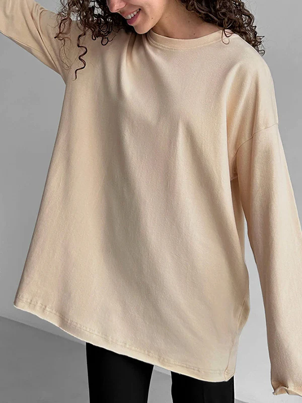Long Sleeves Loose Solid Color Round-Neck T-Shirts Tops - Image 3