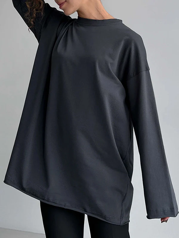 Long Sleeves Loose Solid Color Round-Neck T-Shirts Tops - Image 4