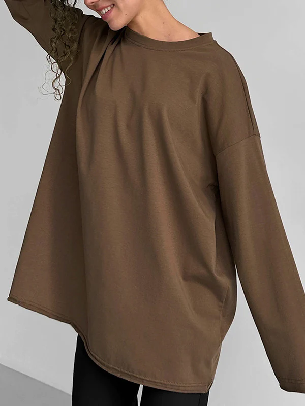 Long Sleeves Loose Solid Color Round-Neck T-Shirts Tops - Image 5