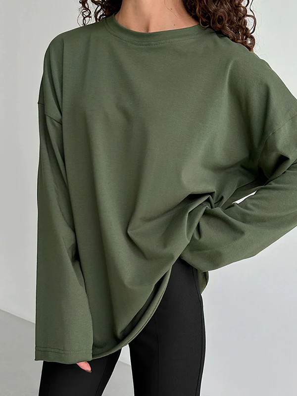 Long Sleeves Loose Solid Color Round-Neck T-Shirts Tops - Image 6