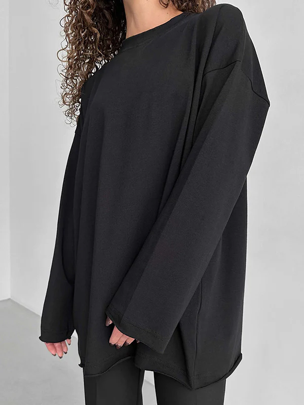Long Sleeves Loose Solid Color Round-Neck T-Shirts Tops - Image 7