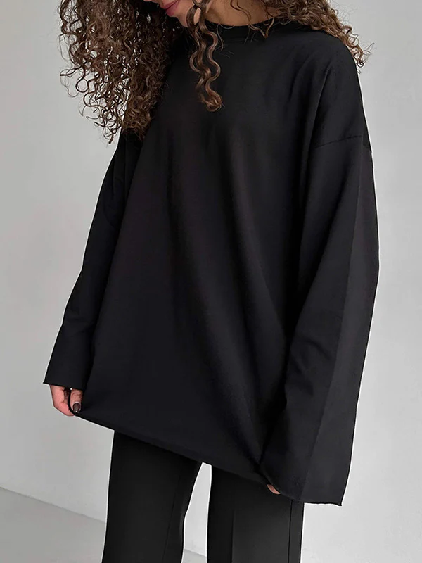 Long Sleeves Loose Solid Color Round-Neck T-Shirts Tops - Image 8