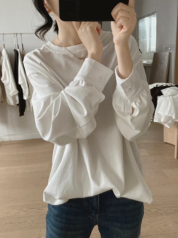 Long Sleeves Loose Solid Color Round-Neck T-Shirts Tops - Image 4