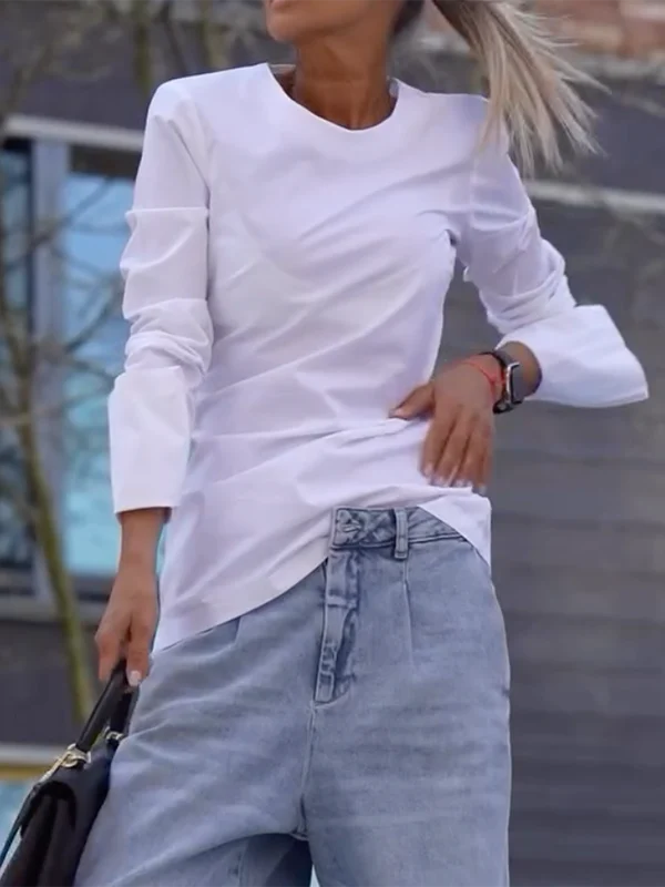 Long Sleeves Loose Solid Color Round-Neck T-Shirts Tops - Image 2