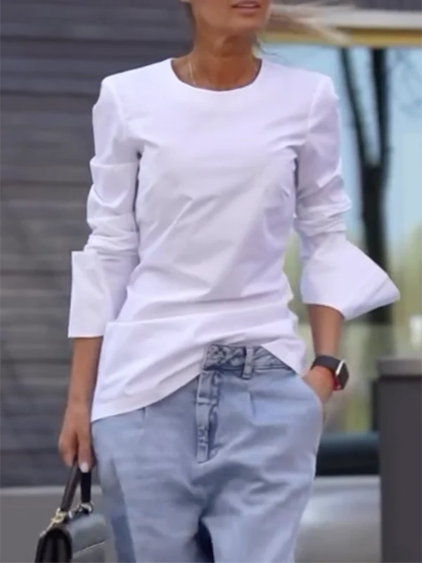 Long Sleeves Loose Solid Color Round-Neck T-Shirts Tops - Image 3