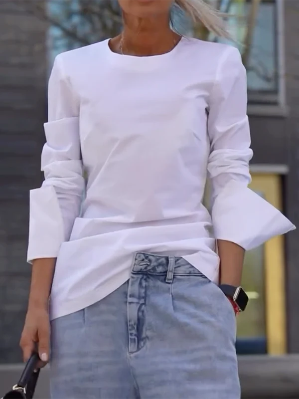 Long Sleeves Loose Solid Color Round-Neck T-Shirts Tops - Image 4