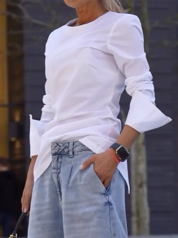 Long Sleeves Loose Solid Color Round-Neck T-Shirts Tops - Image 5