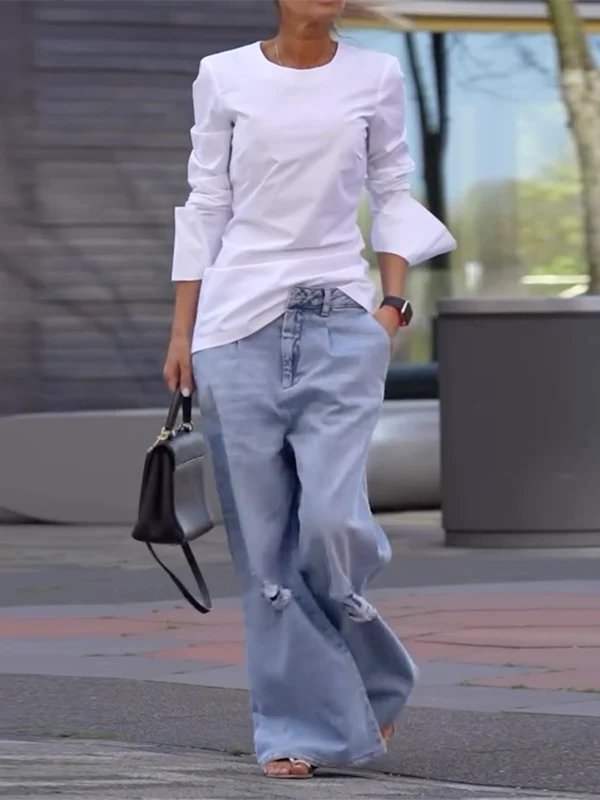 Long Sleeves Loose Solid Color Round-Neck T-Shirts Tops - Image 6