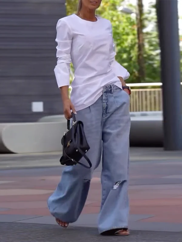 Long Sleeves Loose Solid Color Round-Neck T-Shirts Tops - Image 8