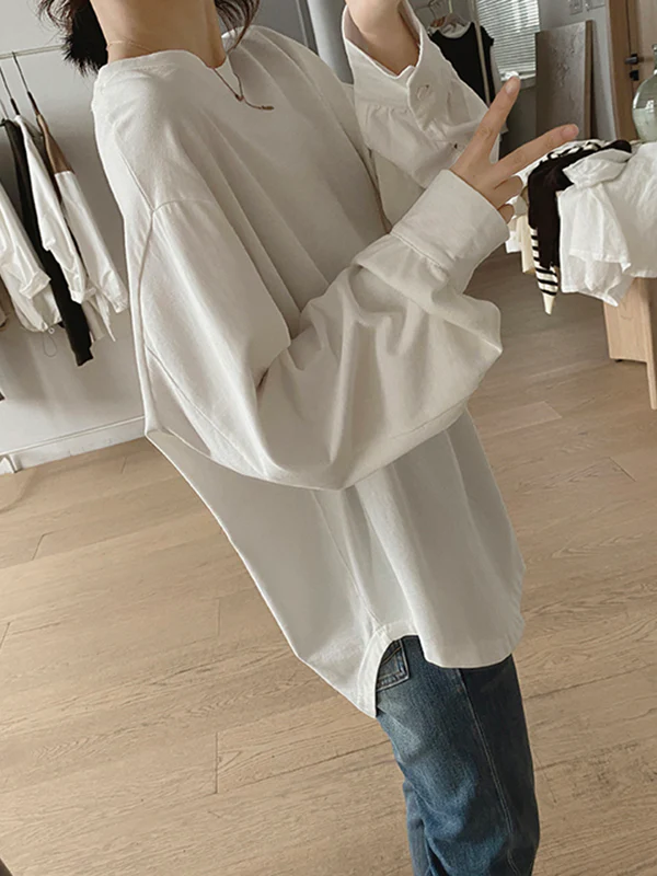 Long Sleeves Loose Solid Color Round-Neck T-Shirts Tops - Image 5