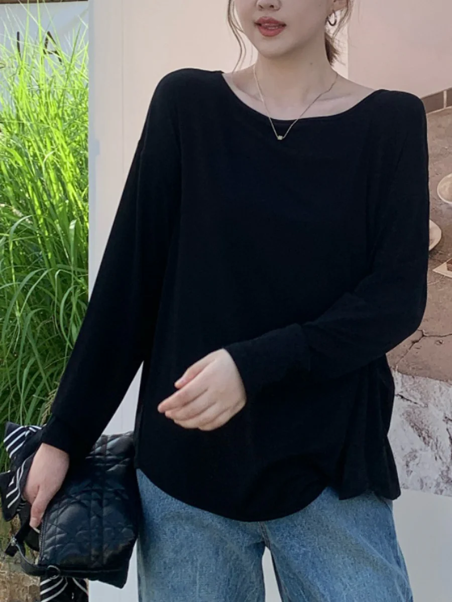 Long Sleeves Loose Solid Color Round-Neck T-Shirts Tops - Image 2