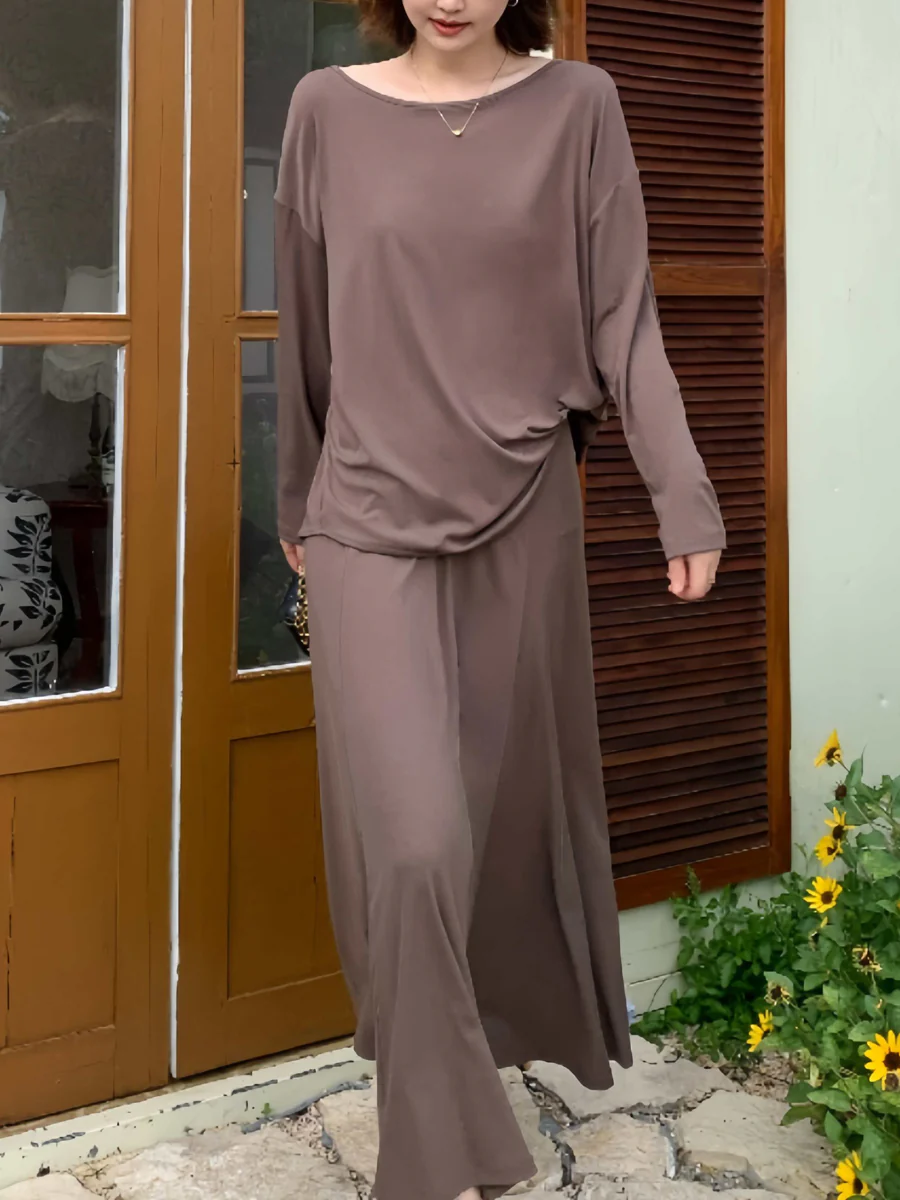 Long Sleeves Loose Solid Color Round-Neck T-Shirts Tops - Image 4