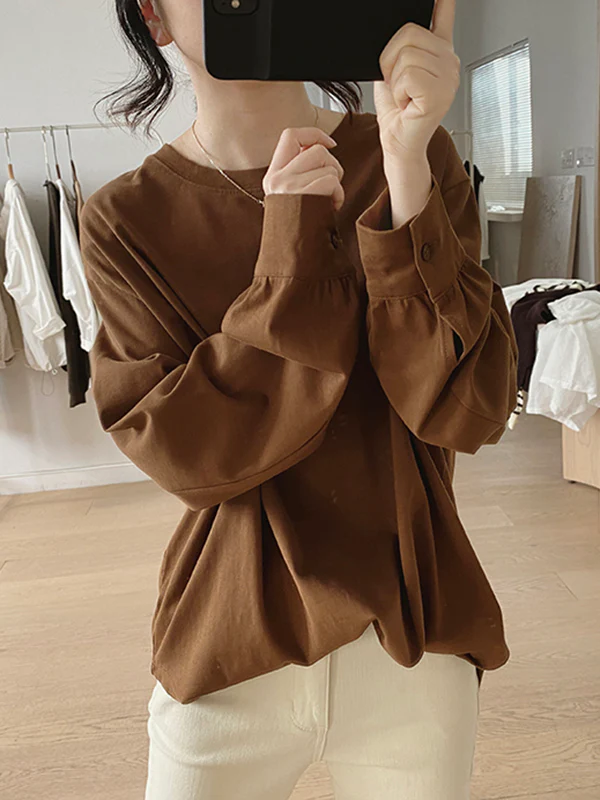 Long Sleeves Loose Solid Color Round-Neck T-Shirts Tops - Image 6