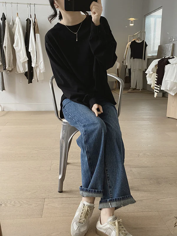 Long Sleeves Loose Solid Color Round-Neck T-Shirts Tops - Image 8