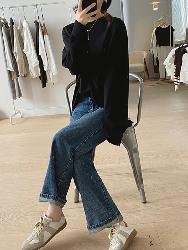 Long Sleeves Loose Solid Color Round-Neck T-Shirts Tops - Image 9